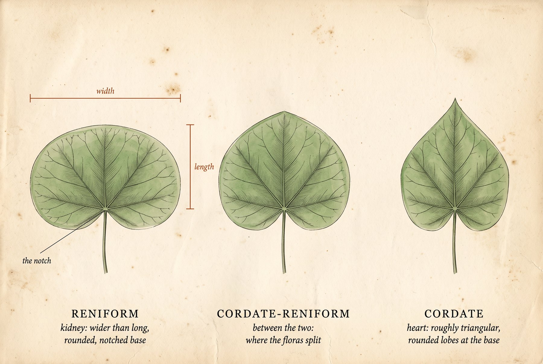 A hand-colored engraved botanical plate of three green leaves on stalks. Left, labeled RENIFORM, a blade clearly wider than long and rounded across the top, with width and length bars and a label pointing to the notch where the stalk meets the blade. Center, labeled CORDATE-RENIFORM, a broad blade with a softly pointed top. Right, labeled CORDATE, a heart-shaped blade narrowing to a pointed tip. All three have two rounded lobes at the base.