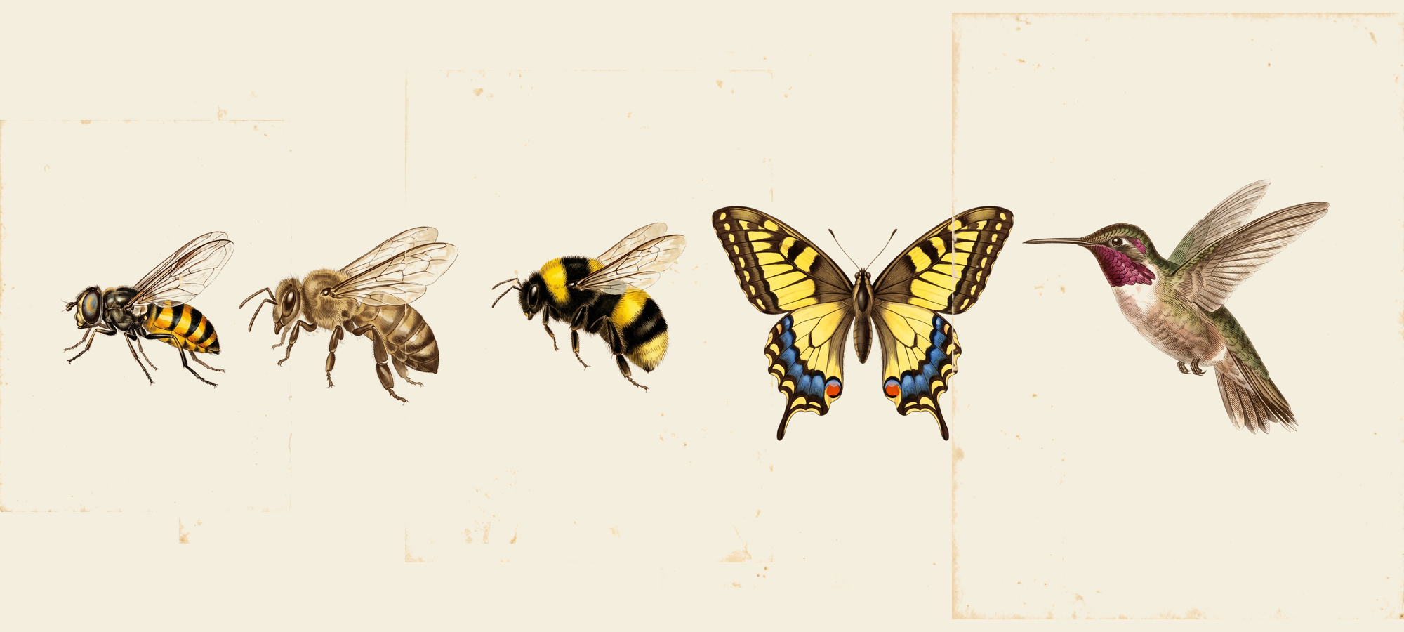 Five Bay Area pollinators — hover fly, honey bee, bumble bee, anise swallowtail, and Anna's hummingbird — illustrated in vintage natural history register on cream paper