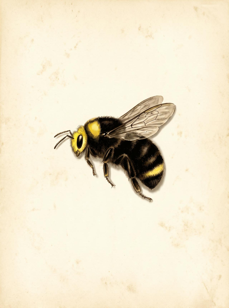 Yellow-faced bumble bee (Bombus vosnesenskii) natural history plate: a black, hairy bee in side view with a yellow face, yellow front of the thorax and one yellow band near the tail