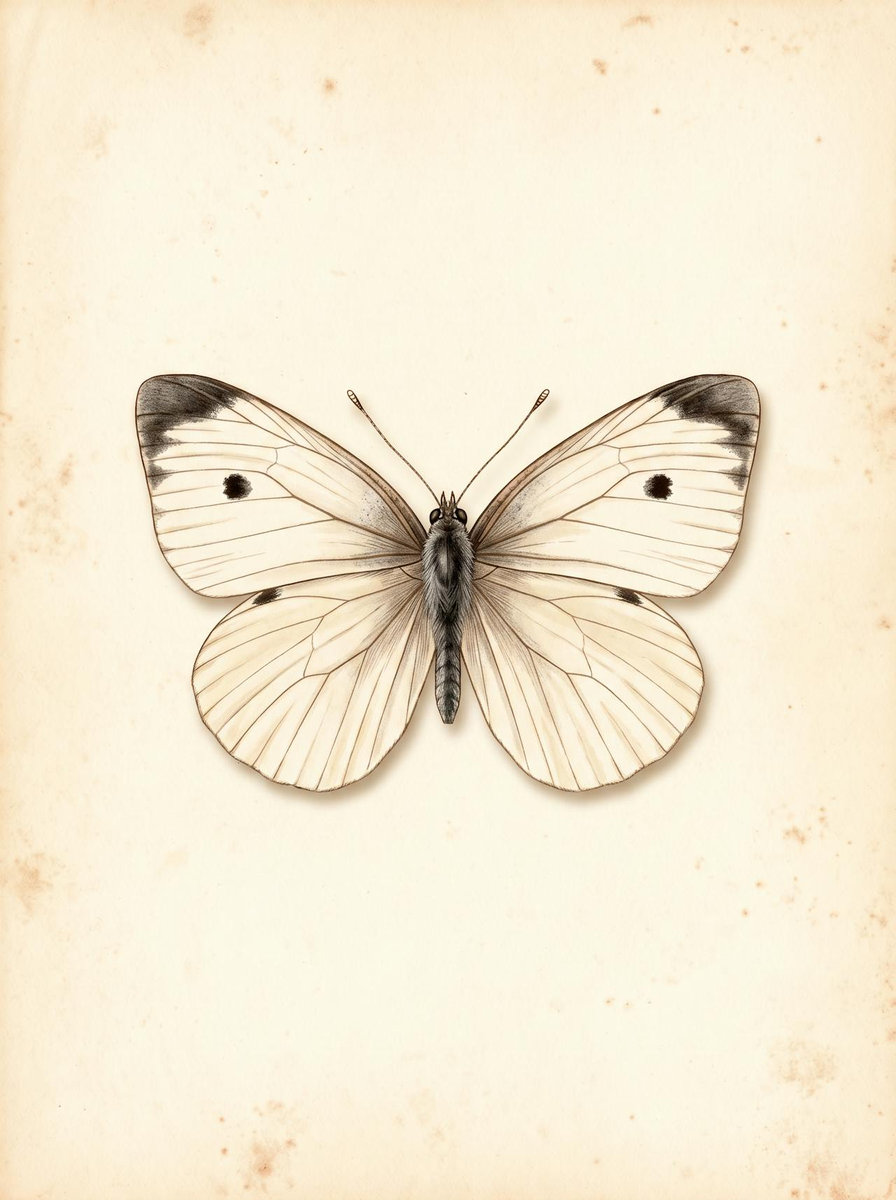 Cabbage white butterfly (Pieris rapae) natural history plate: white wings spread flat, with dark forewing tips and a small black spot on each forewing