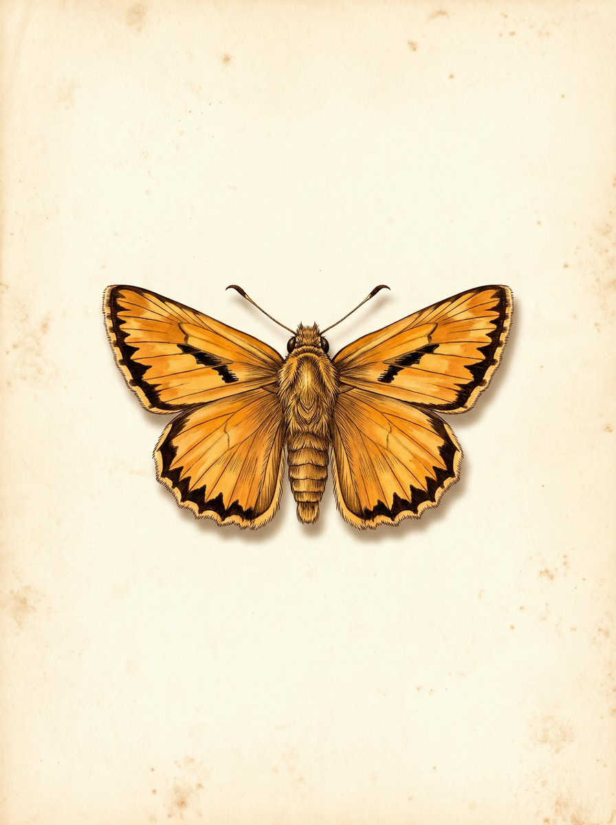 Fiery skipper (Hylephila phyleus) natural history plate: a small orange skipper with a stout body and a jagged black border on its short wings