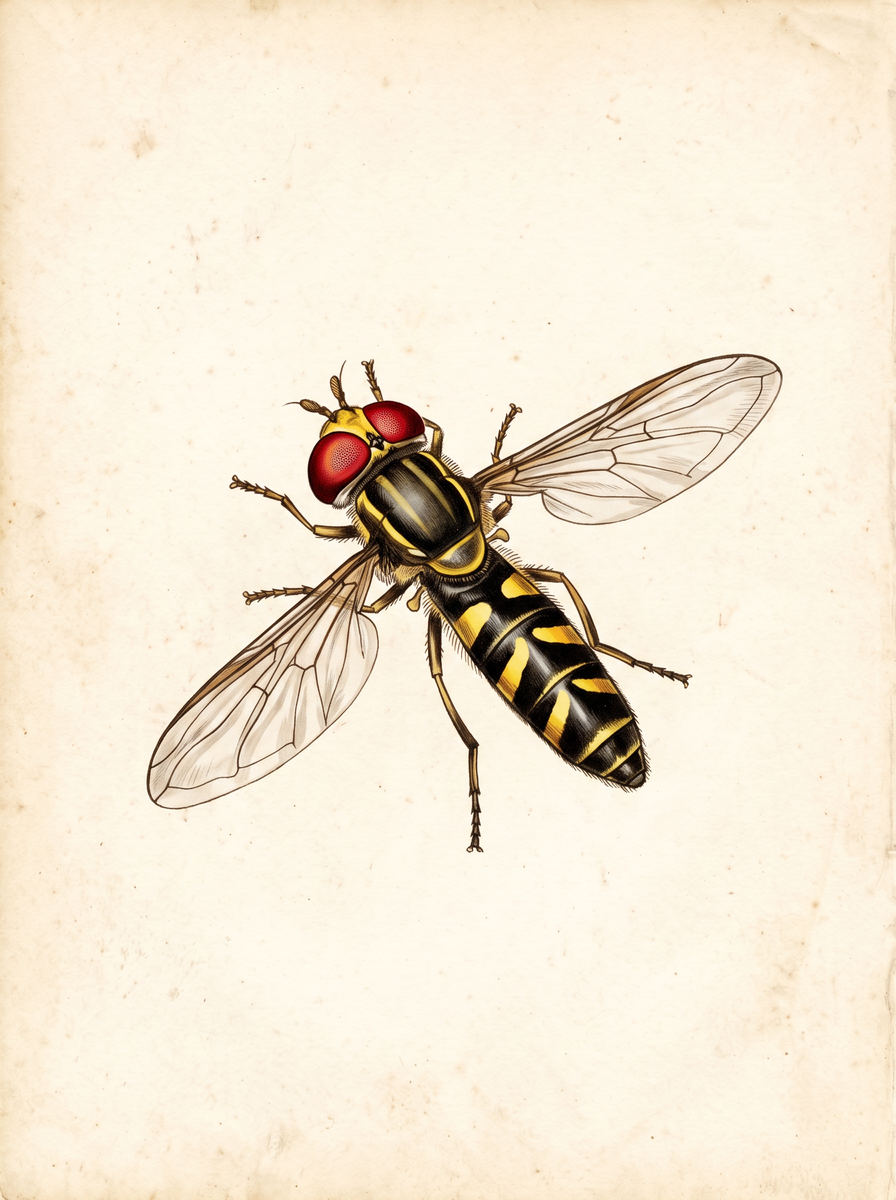 Vintage natural history plate of a slim female hover fly seen from above, with large red eyes separated by a yellow face, yellow stripes on the thorax and oblique yellow bars on a black abdomen