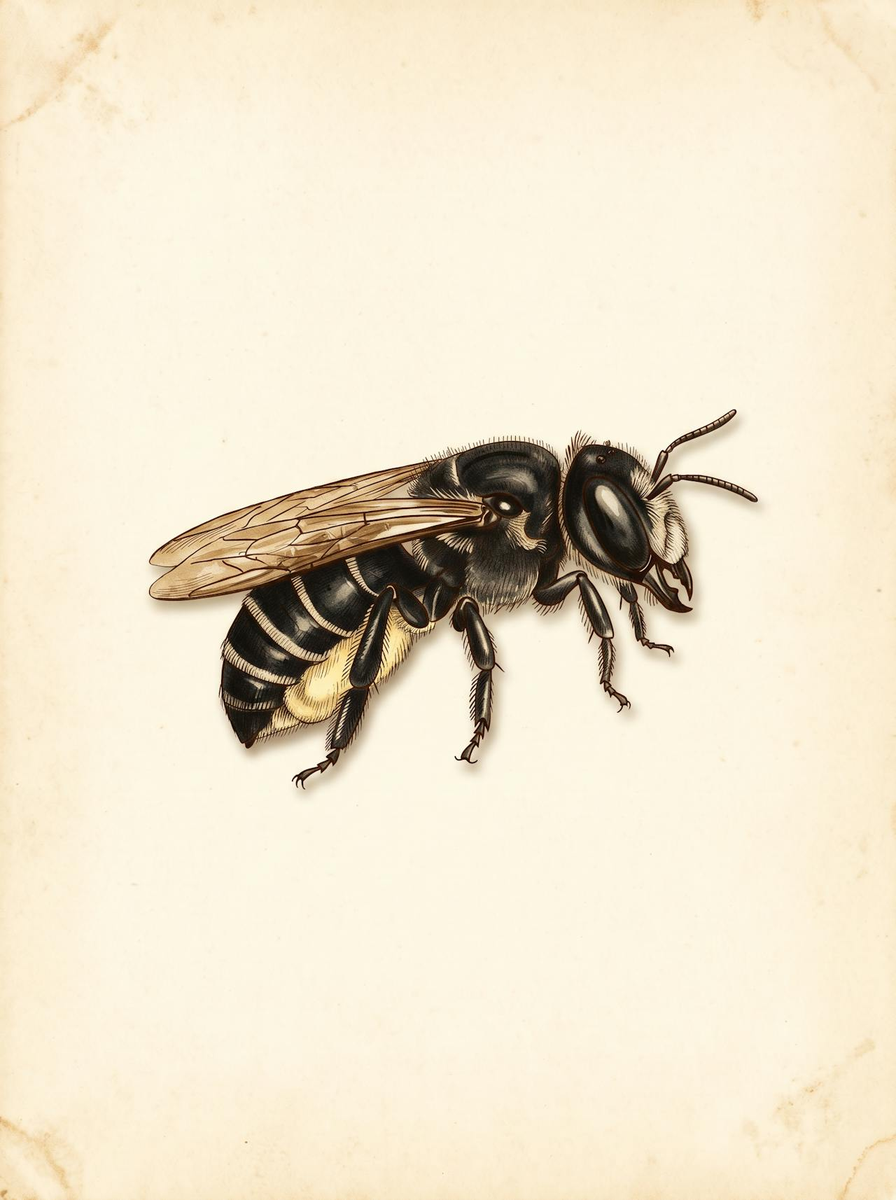 Leafcutter bee (Megachile perihirta) natural history plate: a black bee in side view with large jaws and a pale pollen brush under the abdomen