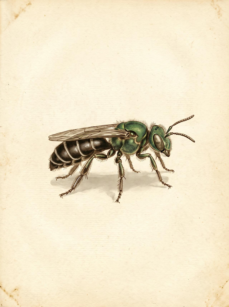 Sweat bee (Halictus tripartitus) natural history plate: a small bee in side view with a metallic green head and thorax and a dark abdomen with thin pale bands