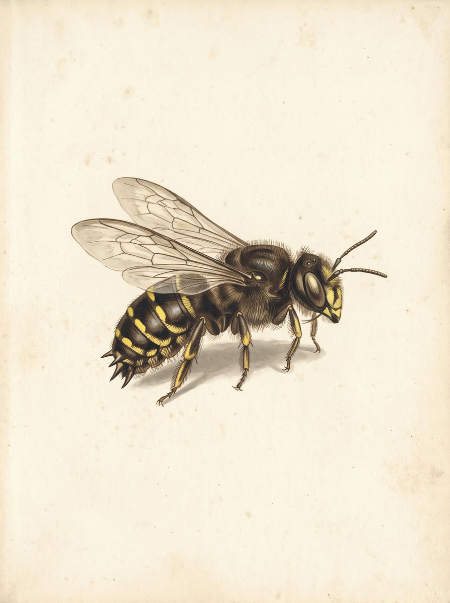 European wool carder bee (Anthidium manicatum) natural history plate: a stout dark bee in side view with a yellow-marked face and legs, bright yellow spots along the sides of the abdomen and short spines at the tail