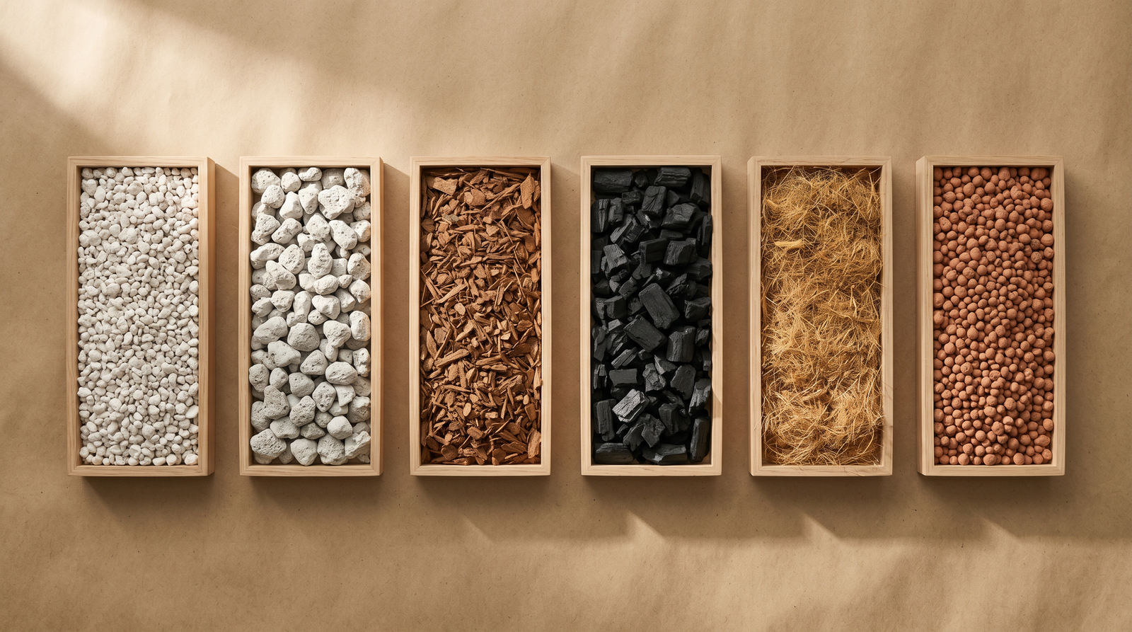 Specimen-tray of six substrate ingredients — perlite, pumice, pine bark fines, charcoal, coco coir, and calcined clay — in wooden trays on kraft paper