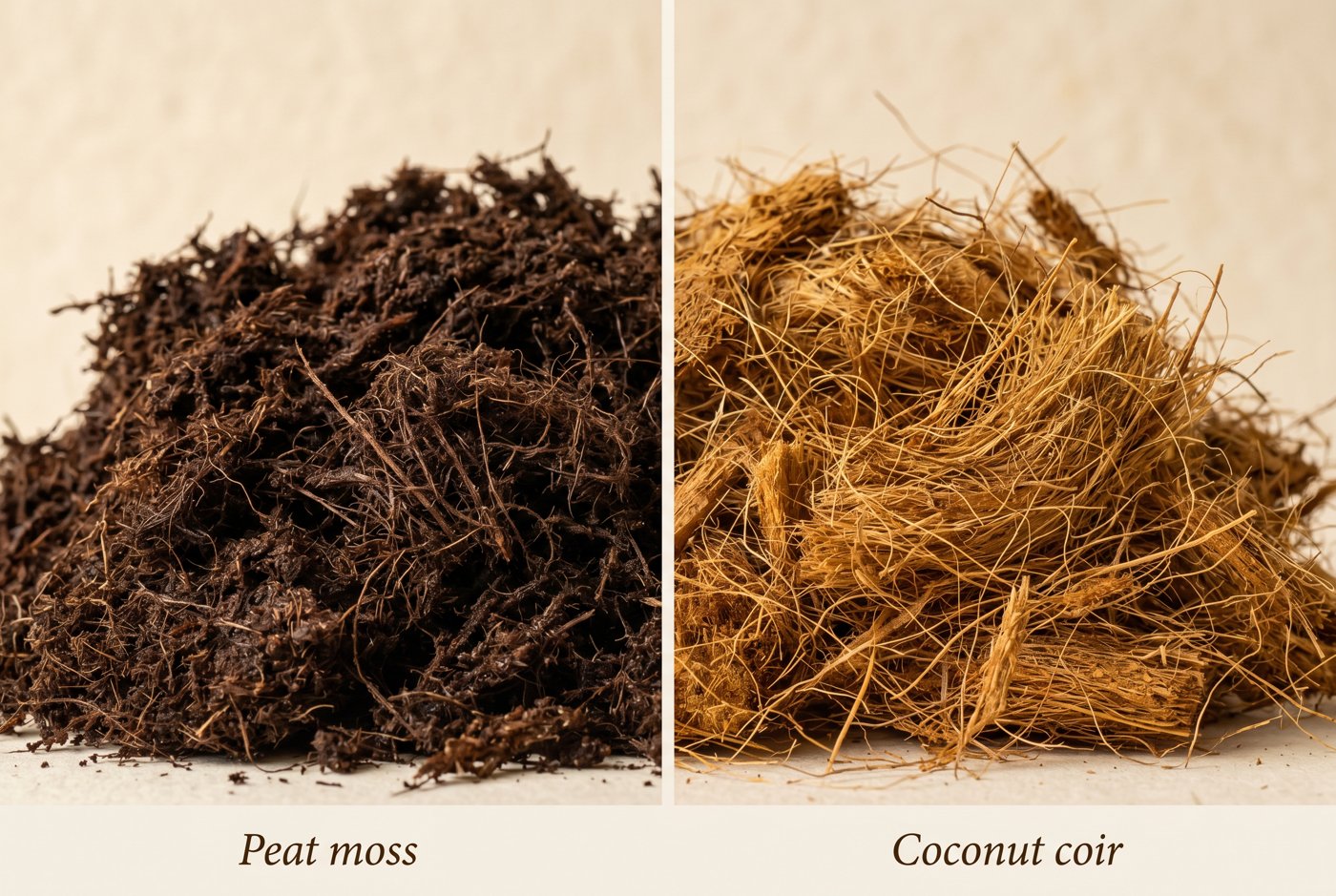 Split-frame comparison: dark chocolate-brown sphagnum peat moss with fine fibrous strands on the left, springy golden coconut coir with a coarser texture on the right, both on a cream background, labeled Peat moss and Coconut coir