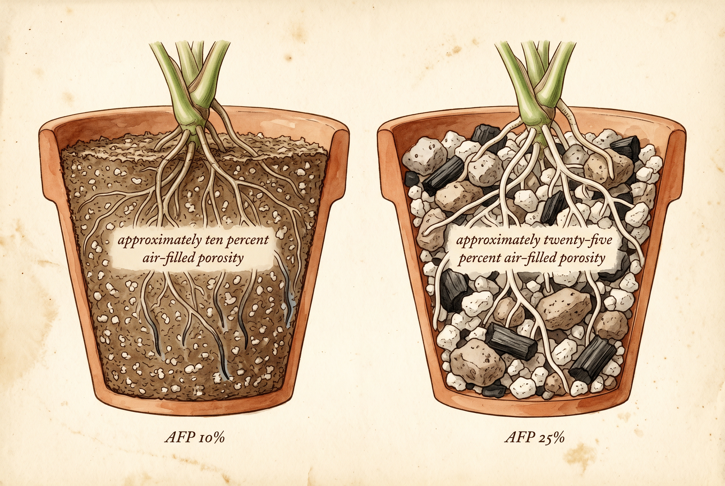 Vintage scientific cross-section botanical illustration of two terracotta pots side-by-side in cutaway, each holding a tropical aroid. Left pot is filled with dense compacted peat-and-perlite substrate at approximately ten percent air-filled porosity with stunted roots saturated by water film. Right pot is filled with chunky aroid mineral mix of pumice, charcoal, and coarse perlite at approximately twenty-five percent air-filled porosity with healthy white roots and aerial roots gripping individual chunks. Marginal annotations read AFP 10 percent and AFP 25 percent