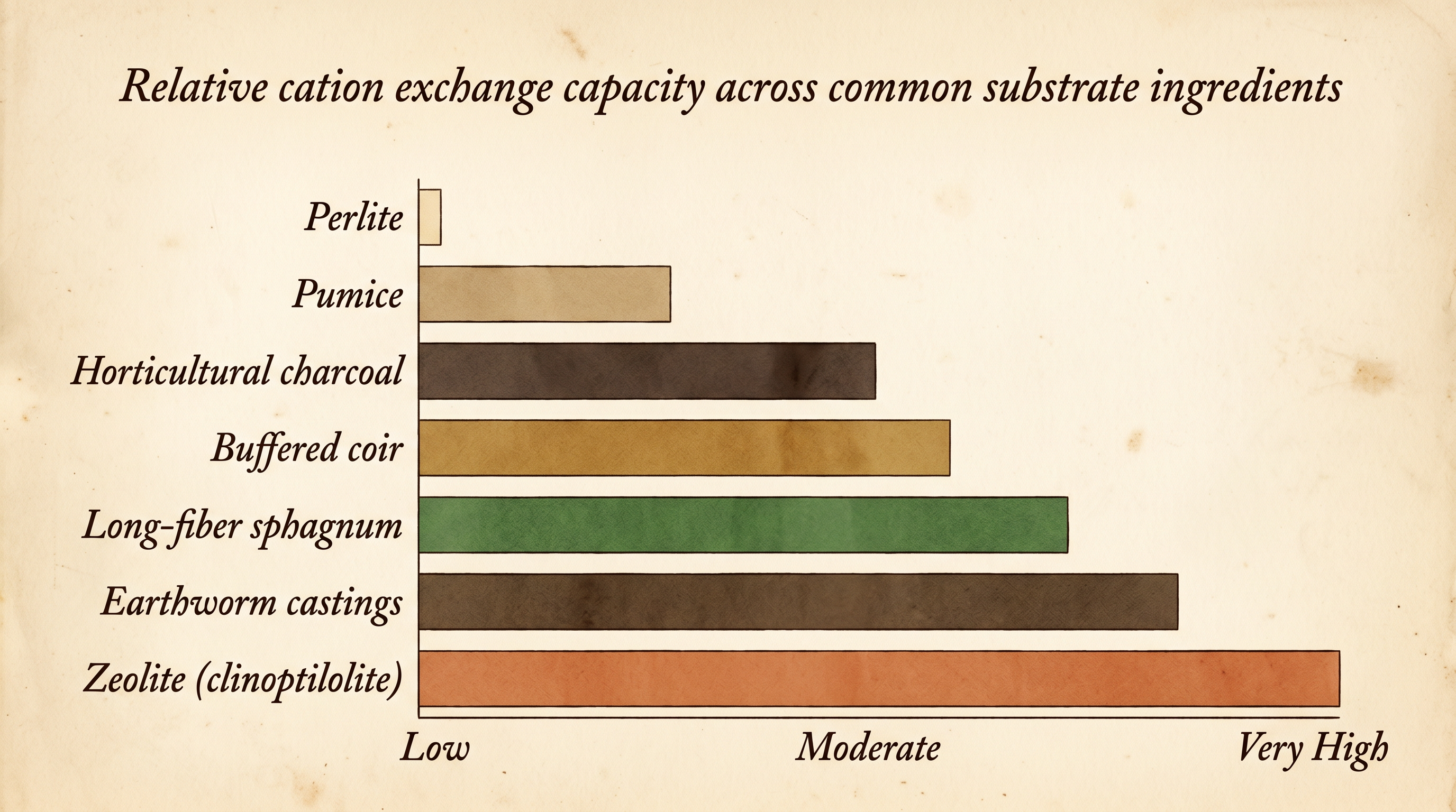 Vintage scientific reference plate on aged cream paper showing a horizontal bar chart of relative cation exchange capacity across common substrate ingredients. Bars from top to bottom lengthen progressively: Perlite a tiny stub, Pumice slightly longer, Horticultural charcoal moderate, Buffered coir longer, Long-fiber sphagnum longer still in forest green, Earthworm castings in dark earth-brown, and Zeolite clinoptilolite the longest in terracotta-orange spanning nearly the full chart width. Axis marked Low, Moderate, Very High