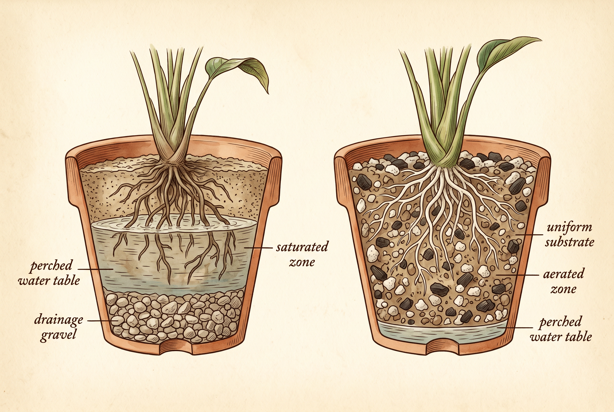 Vintage scientific cross-section botanical illustration of two terracotta pots side-by-side in cutaway, each holding a tropical plant. Left pot has drainage gravel at the bottom with a perched water table marked as a saturated zone sitting on top of the gravel where roots are drowning. Right pot is filled with uniform chunky substrate from rim to drainage hole, with the perched water table marked as a thin band only at the very bottom below the root mass and an aerated zone of healthy white roots above