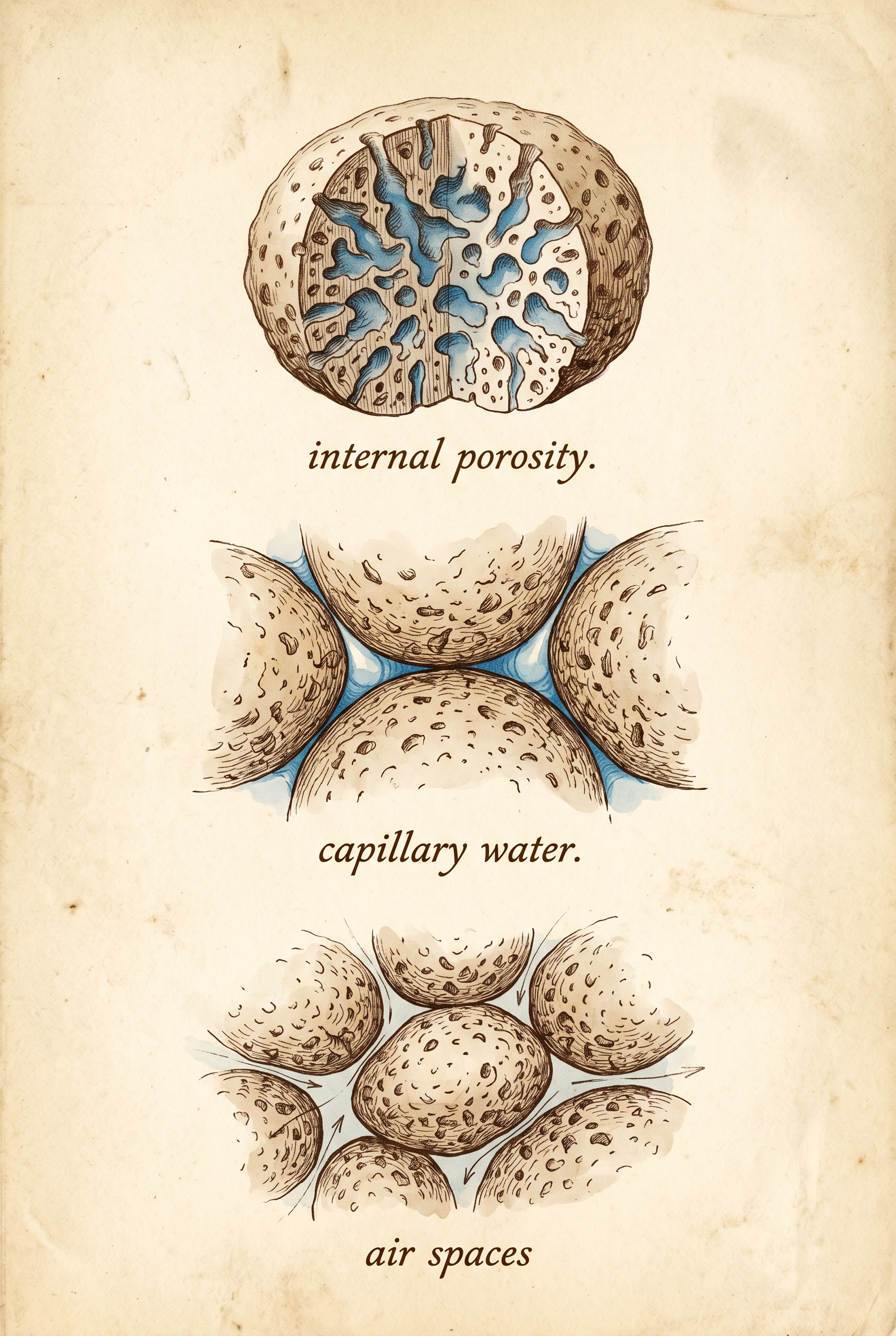 Vintage scientific cross-section botanical illustration on aged cream paper showing three stacked panels: top panel a single porous substrate particle in cutaway with blue water held inside microscopic internal pores labeled internal porosity, middle panel three substrate particles touching with blue capillary water clinging in the narrow gaps between them labeled capillary water, bottom panel a cluster of substrate particles with visible empty air gaps between them labeled air spaces