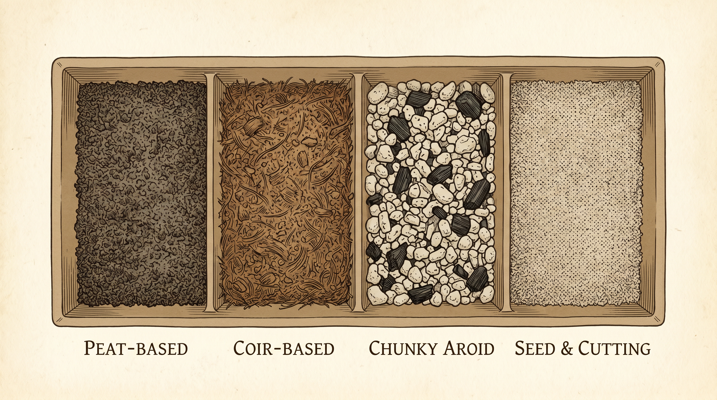 An overhead tray divided into four compartments showing the texture of peat-based, coir-based, chunky aroid, and fine seed-and-cutting substrate.
