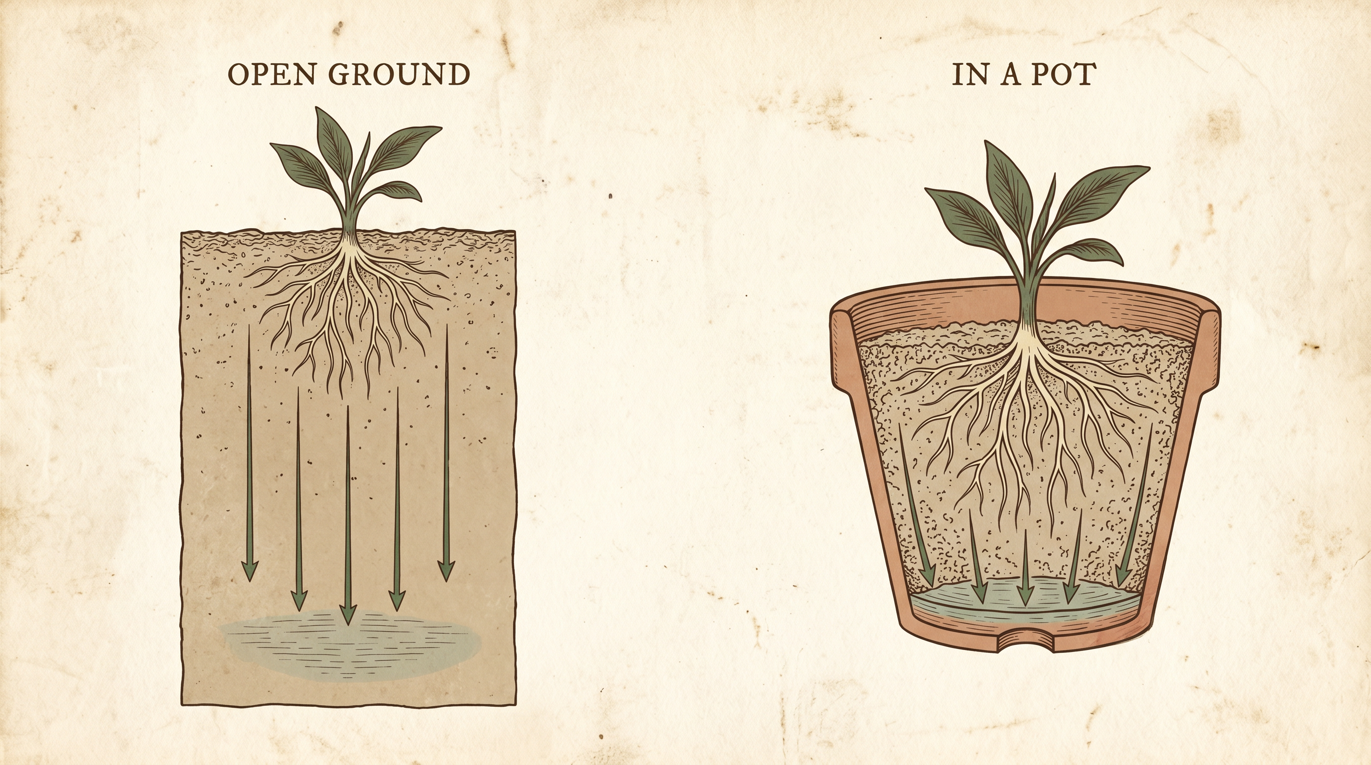 Two cross-section illustrations. In open ground, arrows show water draining straight down to a deep water table far below the roots. In a pot, water collects in a thin saturated band at the very bottom above the drainage hole, with airy substrate and healthy roots above it.