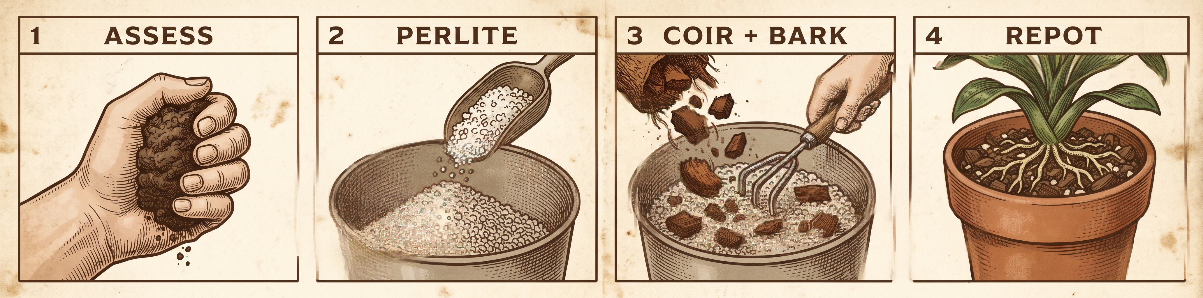 Four-panel sequence: assessing a dense bagged mix by hand, adding coarse perlite, folding in coir and bark, and the finished plant repotted in an airy chunky mix.
