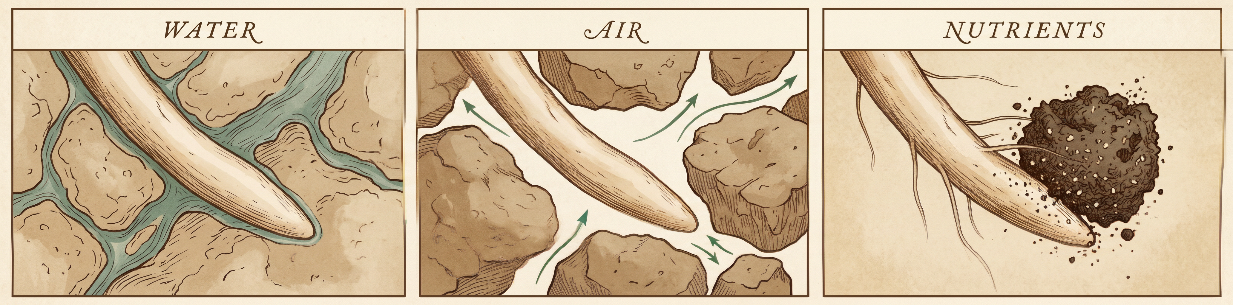 Three panels, each a close study of a feeder root tip: clinging to a film of capillary water, resting in an air pocket between particles, and beside a crumbly nutrient-holding particle.