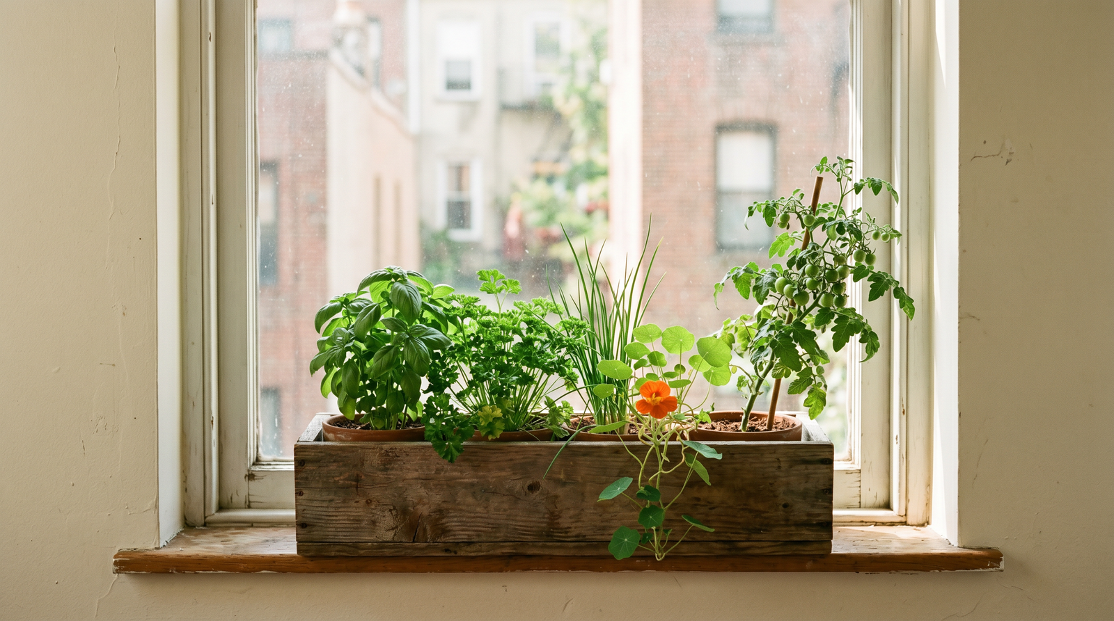 Bright-window interior scene — weathered wooden window box planted with basil, parsley, chives, trailing nasturtium and cherry tomato vine on a sunny urban apartment windowsill