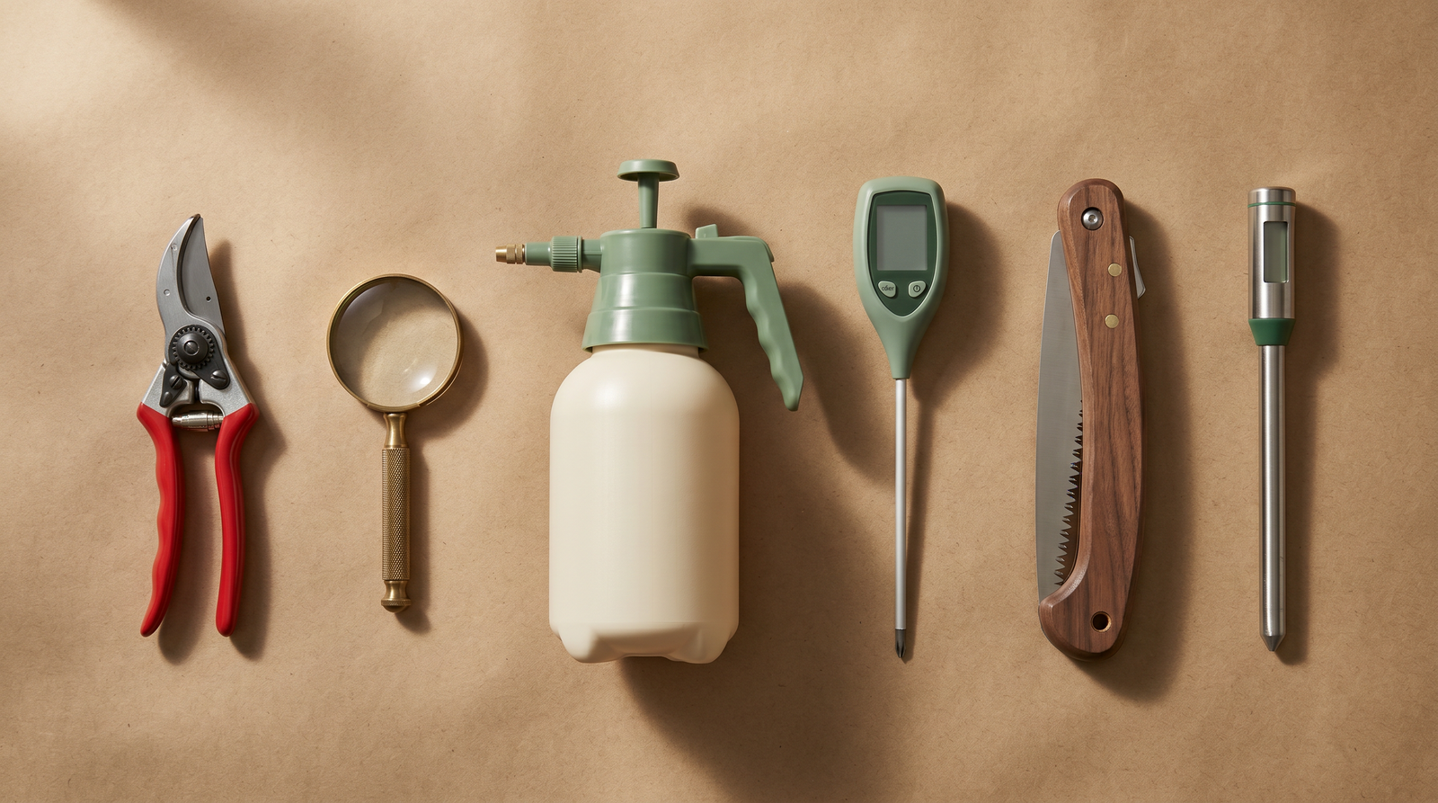 Specimen-tray of six gardening hand tools — bypass pruner, brass hand lens, pump sprayer, moisture meter, folding pruning saw, and pH meter probe — on kraft paper