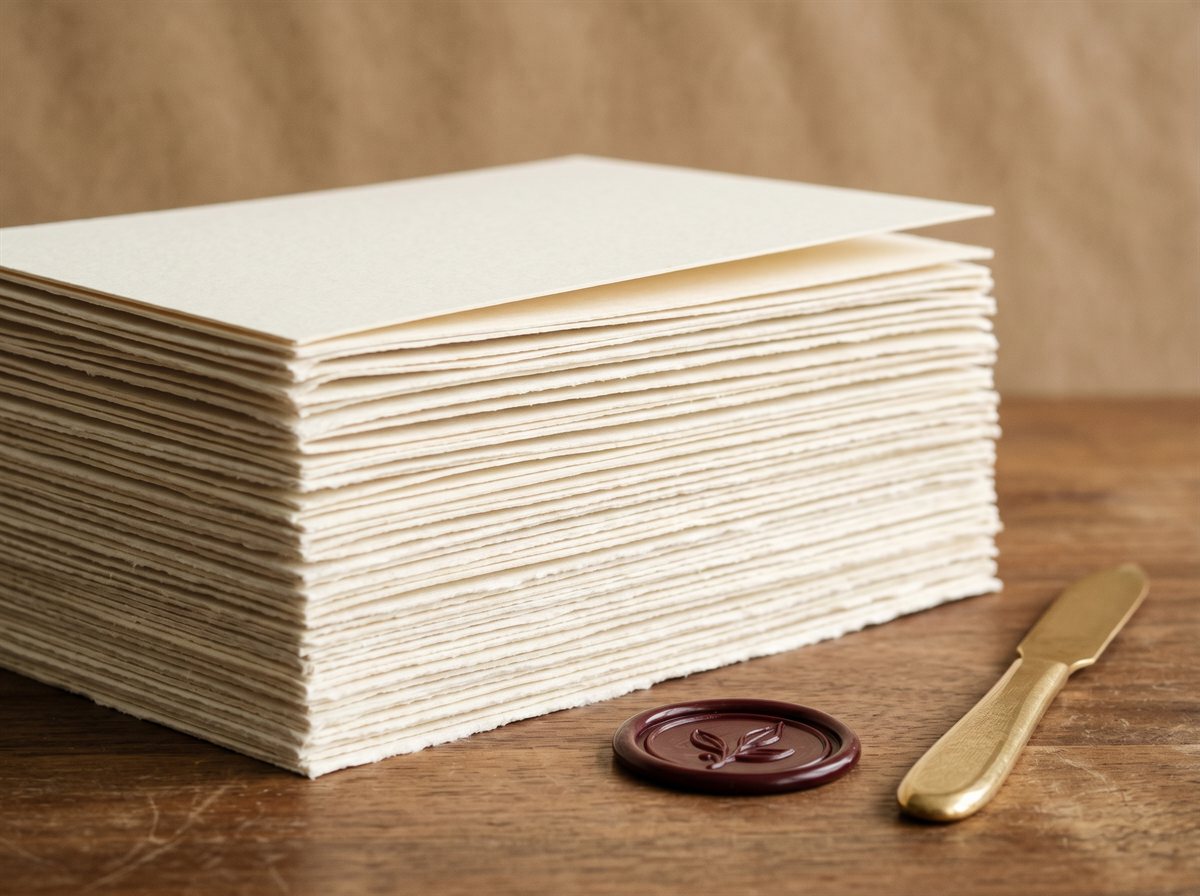A thick stack of cream cotton paper cards with deckled edges, with a dark-red wax seal bearing a botanical leaf motif and a brass paper-knife in front