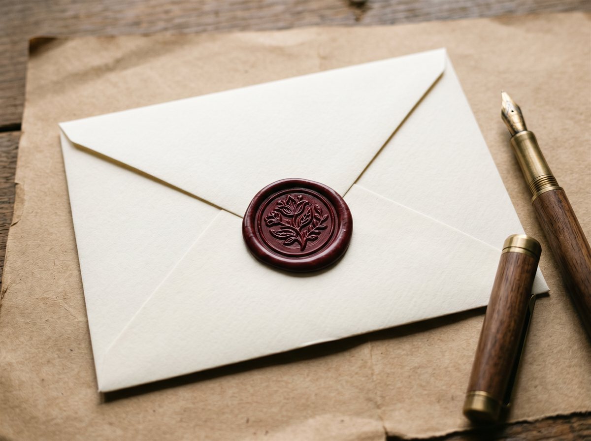 A cream paper envelope with a dark-red wax seal featuring a botanical motif, beside a vintage fountain pen with walnut barrel and brass nib