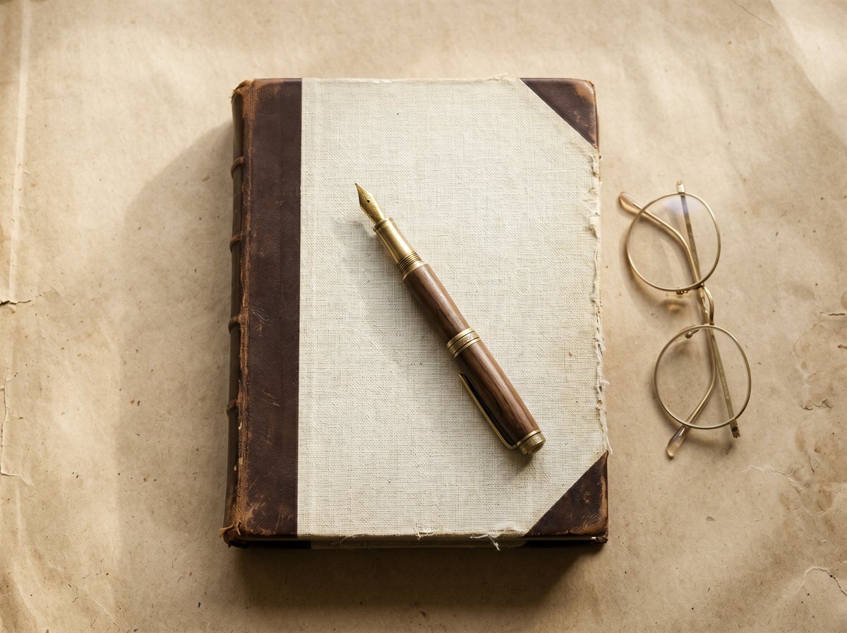An antique cloth-bound ledger with walnut leather corners, a vintage fountain pen resting on top, and round brass-rimmed reading glasses beside it on aged kraft paper