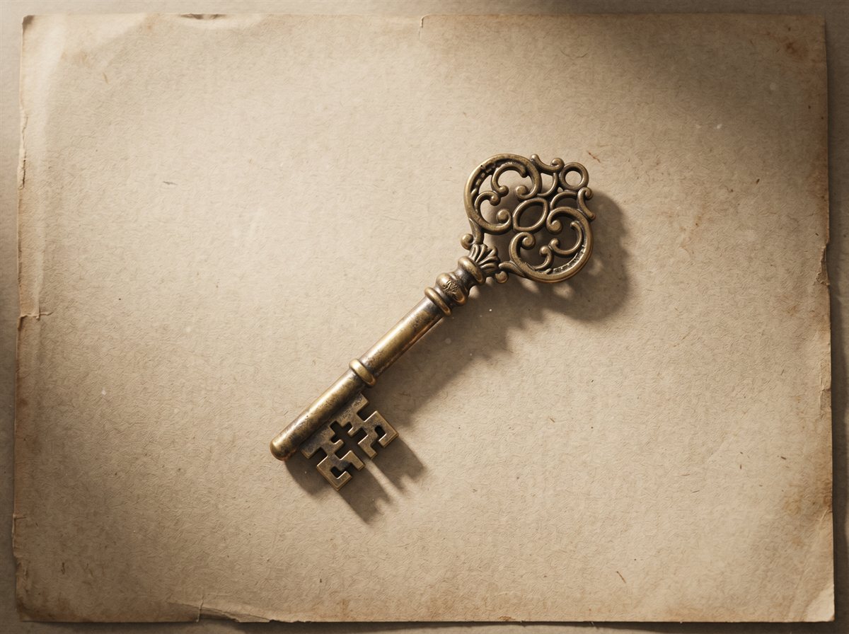An ornate brass skeleton key with a filigree bow lying on aged kraft paper