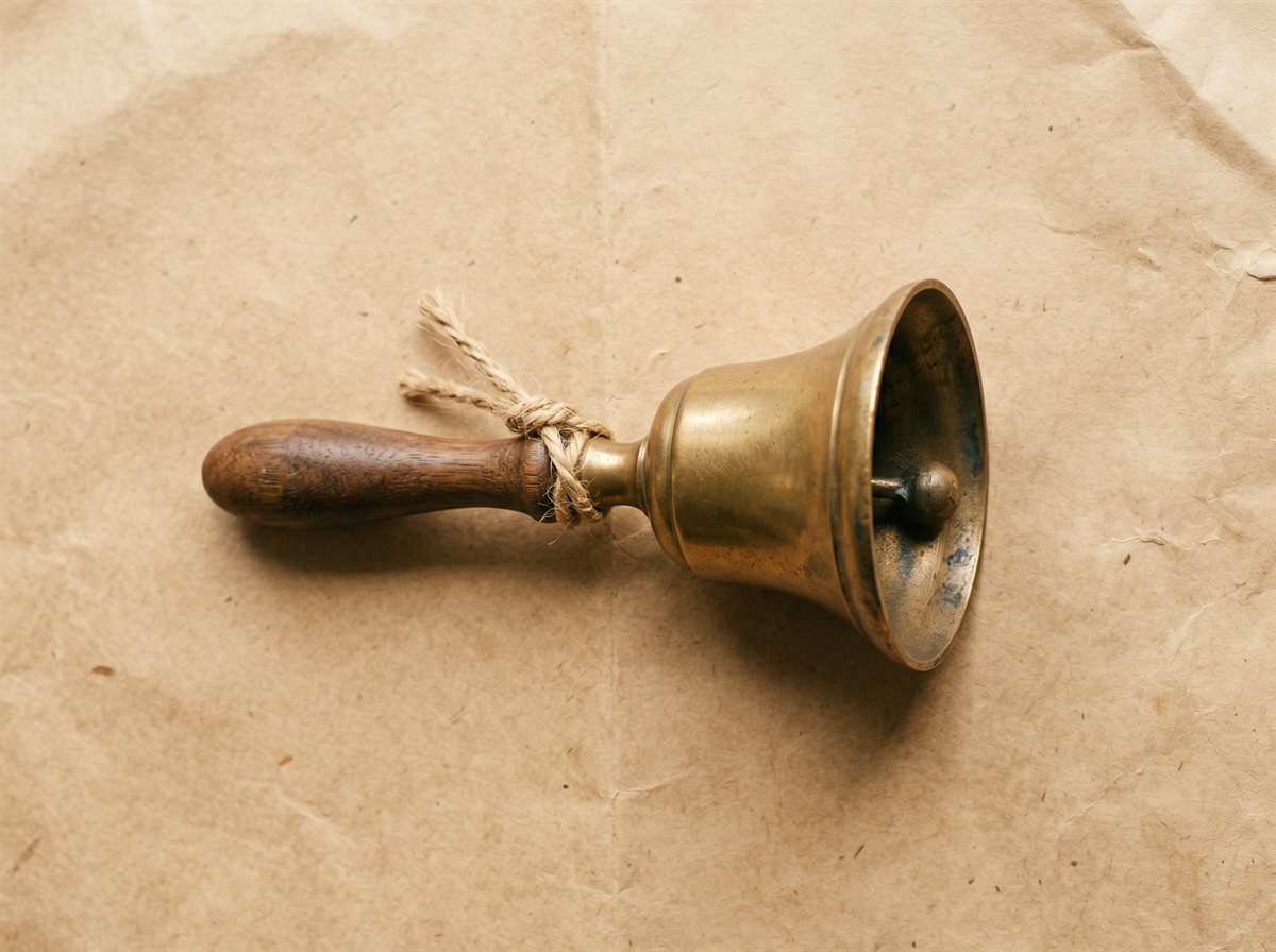 A small ornate brass hand bell with a worn walnut wood handle and jute twine tied at the neck, lying on aged kraft paper