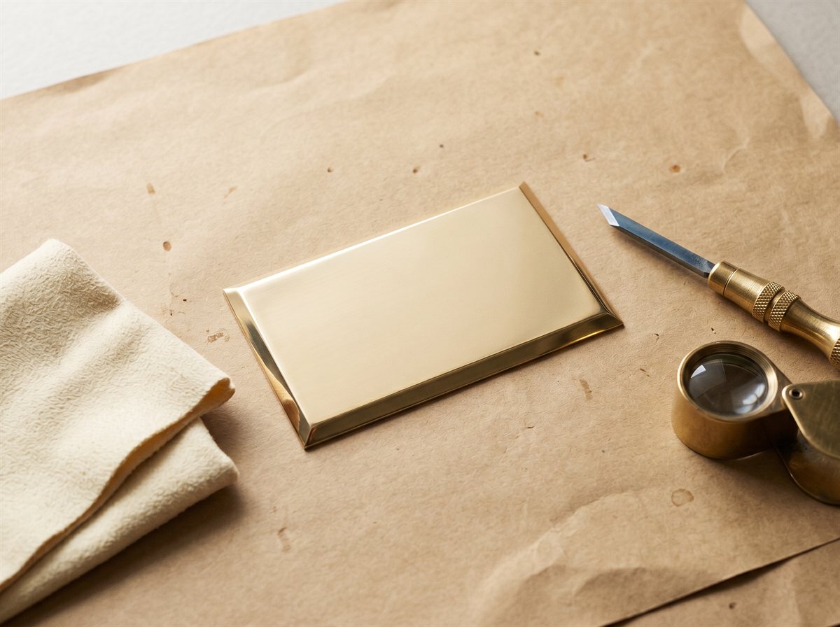 A blank polished brass nameplate on aged kraft paper, with engraving tools beside it: chamois polishing cloth, a brass-handled steel graver, and a brass-rimmed loupe