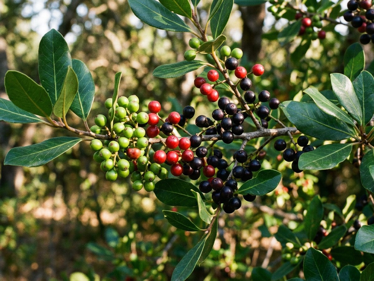 Coffeeberry (Frangula californica) showing berries in three stages on the same branch — green, red, and ripe black — among glossy dark-green leaves