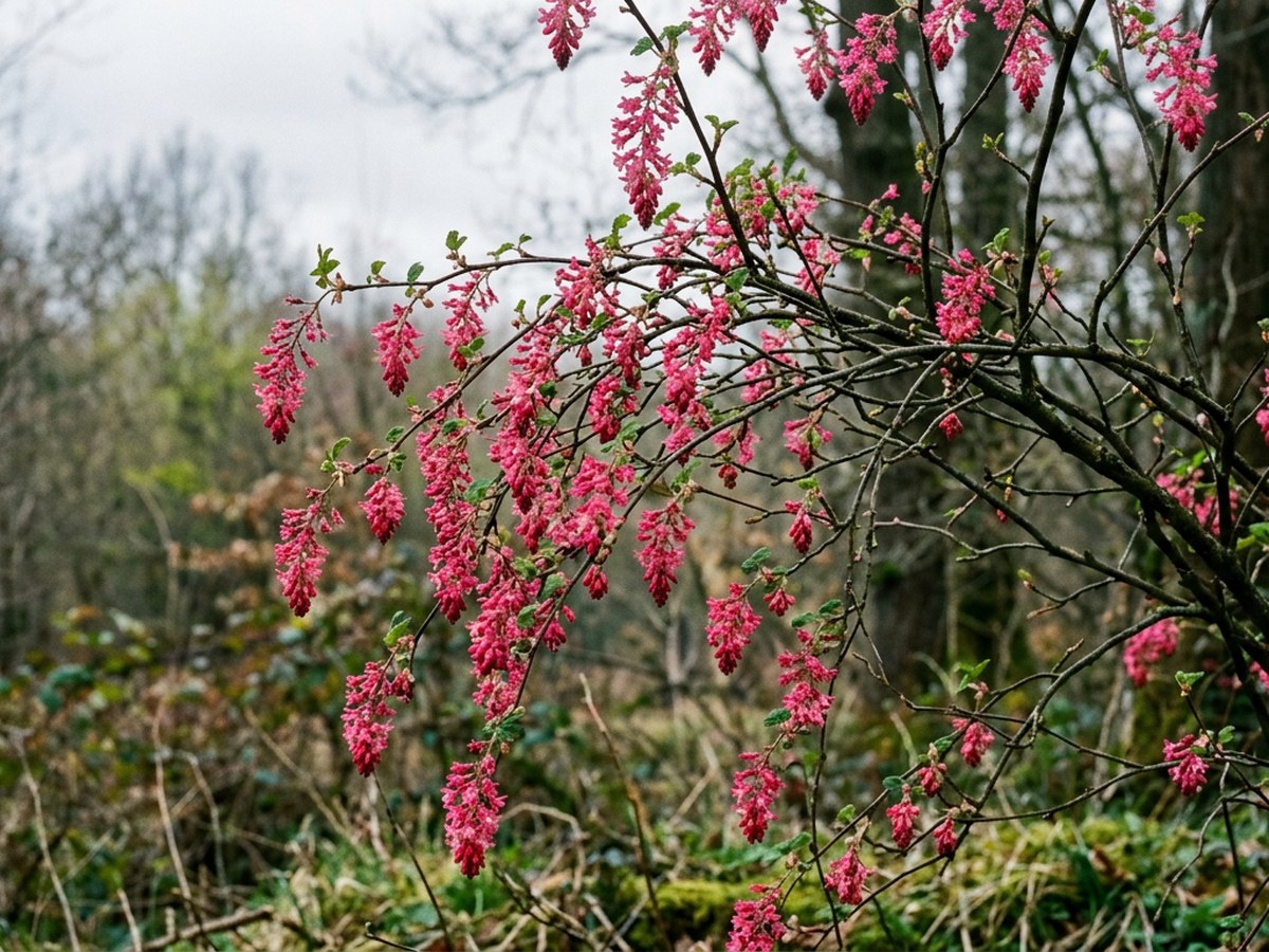 Pink-flowering Currant (Ribes sanguineum) in full late-winter bloom, pendulous cascading clusters of pink-red tubular flowers against soft gray sky