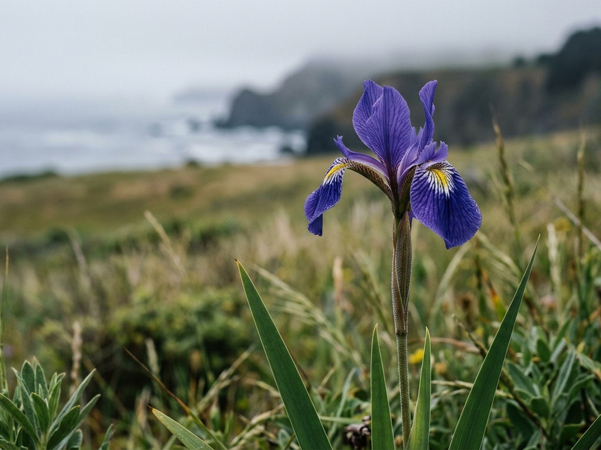Douglas Iris (Iris douglasiana) in bloom, deep purple-blue iris flower with delicate veining and yellow signal patches, coastal grassland with marine layer behind