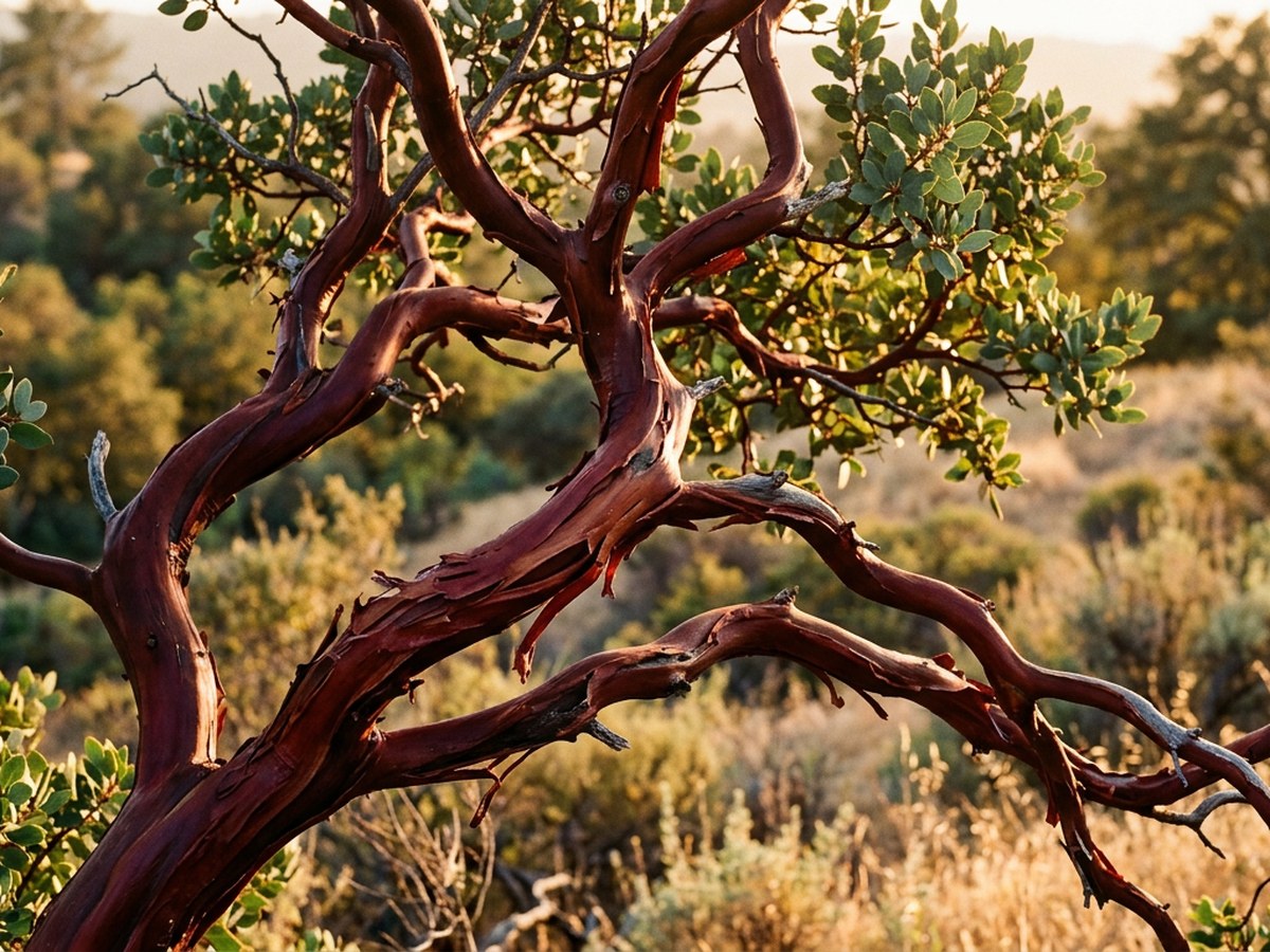 Manzanita (Arctostaphylos) showing iconic smooth mahogany-red trunk and sinuous branching architecture with small evergreen leaves