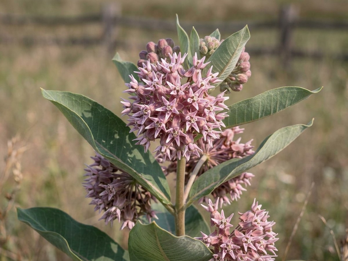 Showy Milkweed (Asclepias speciosa) in full bloom, spherical waxy pinkish-lavender flower cluster above broad blue-green leaves