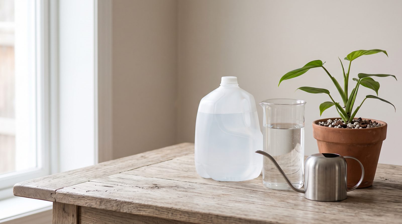 A translucent, unlabeled gallon jug of water, a glass beaker of water and a small steel watering can on a weathered wooden table, beside a young plant in a terracotta pot, in soft window light