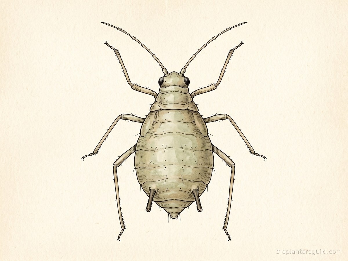 Naturalistic scientific specimen illustration of an aphid, dorsal top-down view on warm cream paper, the two short cornicles visible at the rear of the abdomen