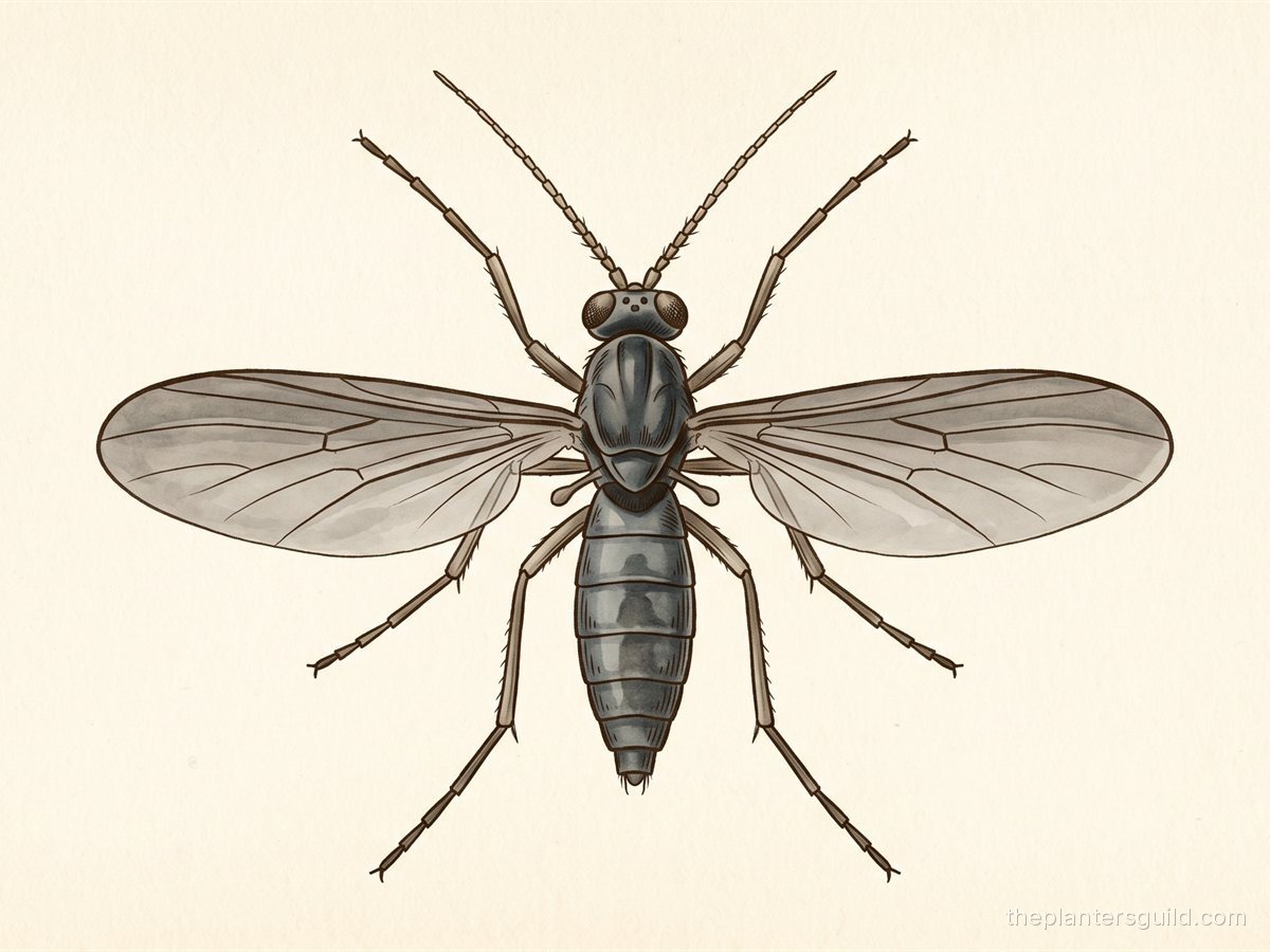 Top-down botanical illustration of an adult dark-winged fungus gnat (Bradysia) with wings spread and Y-shaped wing venation visible, on warm cream paper