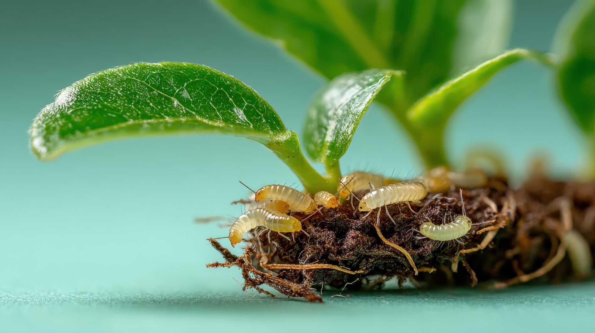 Macro photograph of pale, translucent fungus gnat larvae with dark head capsules clustered in the moist organic debris and root mass at the base of a seedling, the damaging stage of the lifecycle living in the top inch of substrate