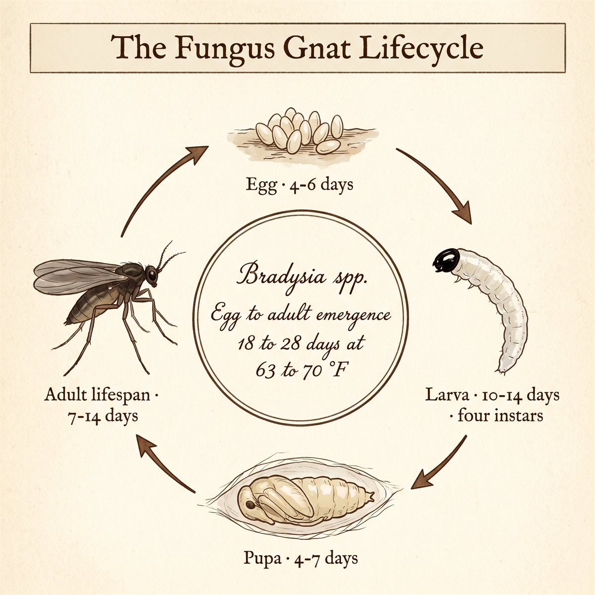 A vintage natural-history plate illustration showing the four-stage lifecycle of Bradysia fungus gnats arranged in a clockwise circle: eggs at top, larva at right, pupa at bottom, adult at left, with walnut-brown ink arrows connecting each stage and timing notes for each transition. A center medallion notes the full cycle is approximately 18 to 28 days at 63 to 70 degrees Fahrenheit.