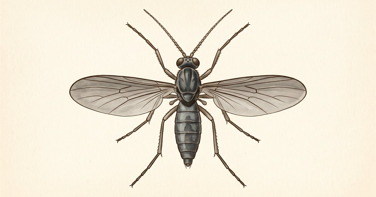 Vintage natural-history plate illustration of a single adult dark-winged fungus gnat (Bradysia) shown from a strict dorsal top-down view, wings spread to both sides with the characteristic Y-shaped wing vein rendered in walnut-brown ink line, slate-grey body with restrained watercolor wash, six legs extended, two antennae forward, centered on warm cream paper-grain ground