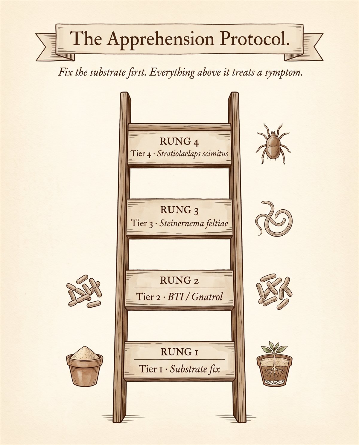 A vintage natural-history plate illustration of a four-rung wooden ladder titled The Apprehension Protocol, with the subtitle Fix the substrate first; everything above it treats a symptom. The four rungs from bottom to top are Tier 1 substrate fix with a sand pot icon, Tier 2 BTI Gnatrol with bacterial cluster icons, Tier 3 Steinernema feltiae nematode with a coiled nematode icon, and Tier 4 Stratiolaelaps scimitus with a soil mite icon.