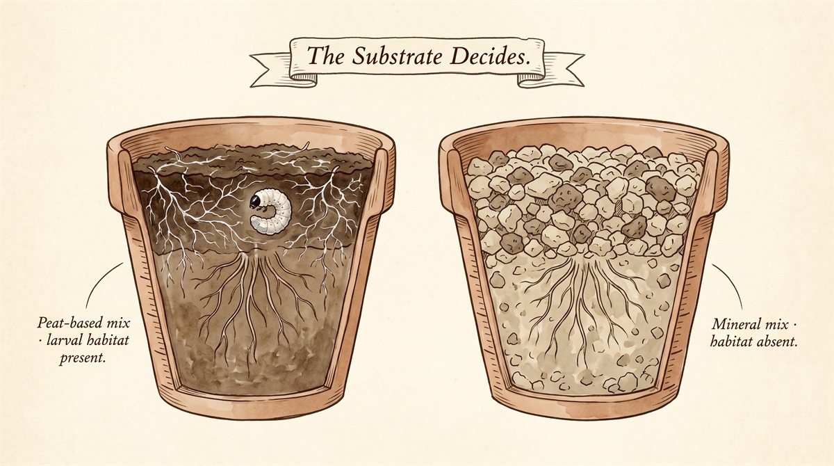 A vintage natural-history plate illustration titled The Substrate Decides, showing two terracotta flowerpot cross-sections side by side. The left pot contains a dark brown peat-based potting mix with delicate white fungal mycelium webbing through the upper substrate and a curled translucent larva visible in the top zone, labeled Peat-based mix, larval habitat present. The right pot contains a pale tan-grey chunky mineral mix of pumice, lava rock, and akadama with a dry-looking surface, no mycelium, no larvae, labeled Mineral mix, habitat absent. Both pots show descending root systems below.