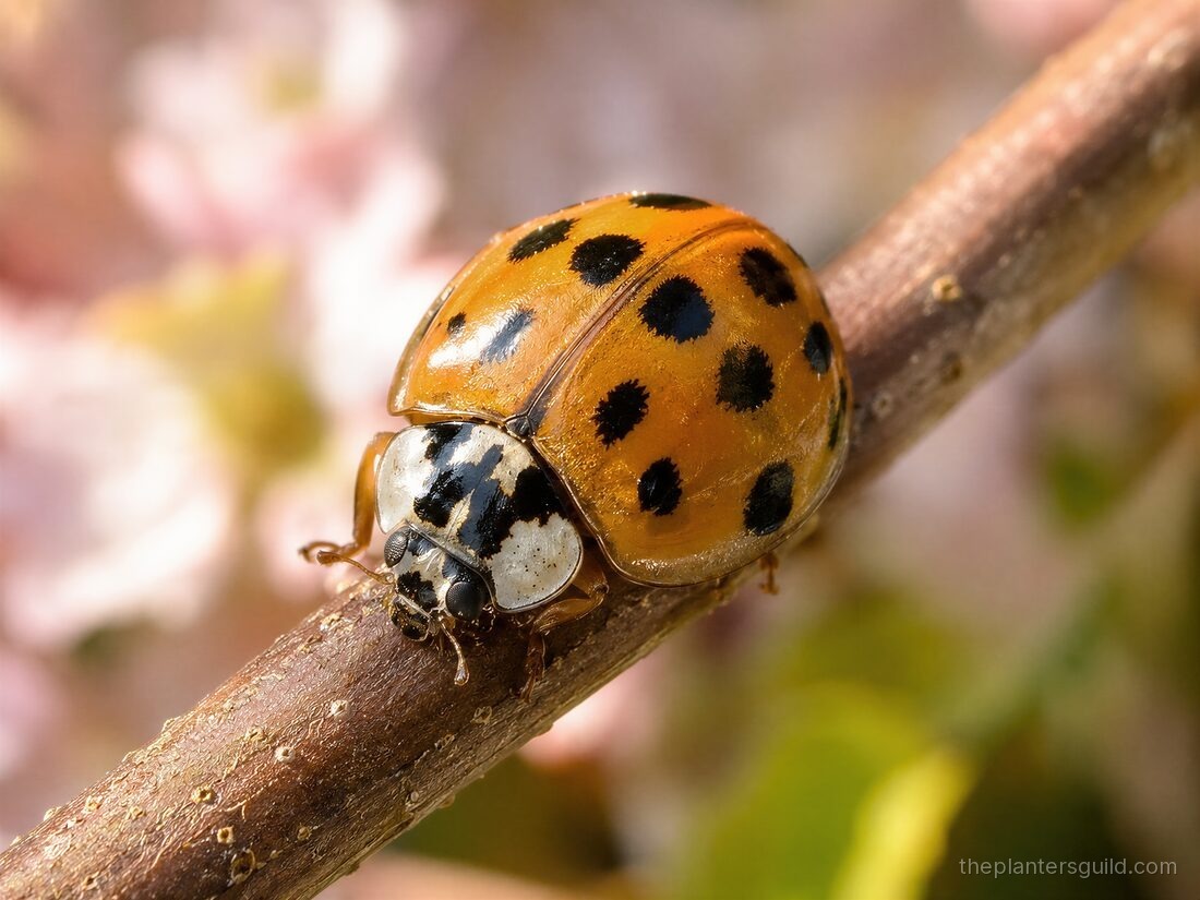 Macro photo of an Asian lady beetle on a twig, orange with black spots and the diagnostic black M on the white plate behind its head