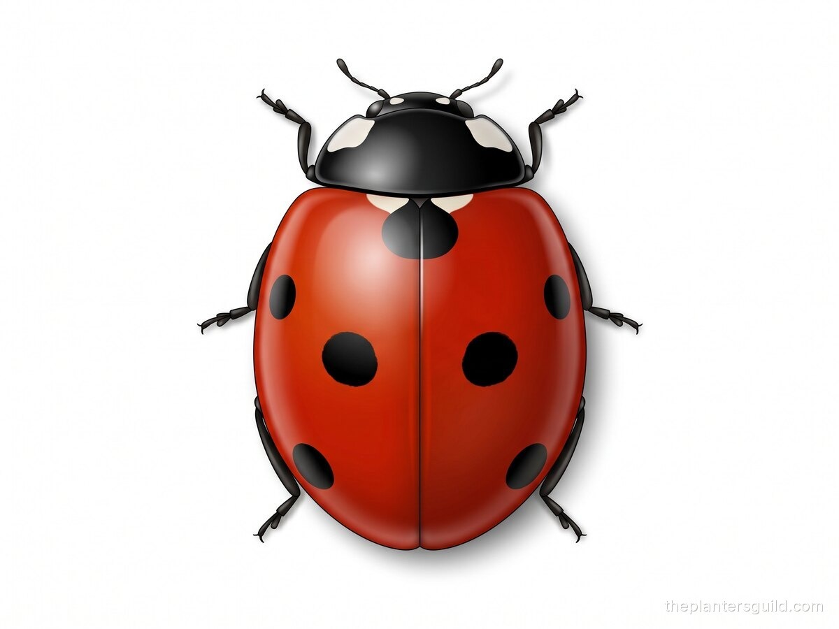 Naturalistic scientific specimen illustration of a seven-spotted ladybug, dorsal top-down view, on a clean white field-guide plate