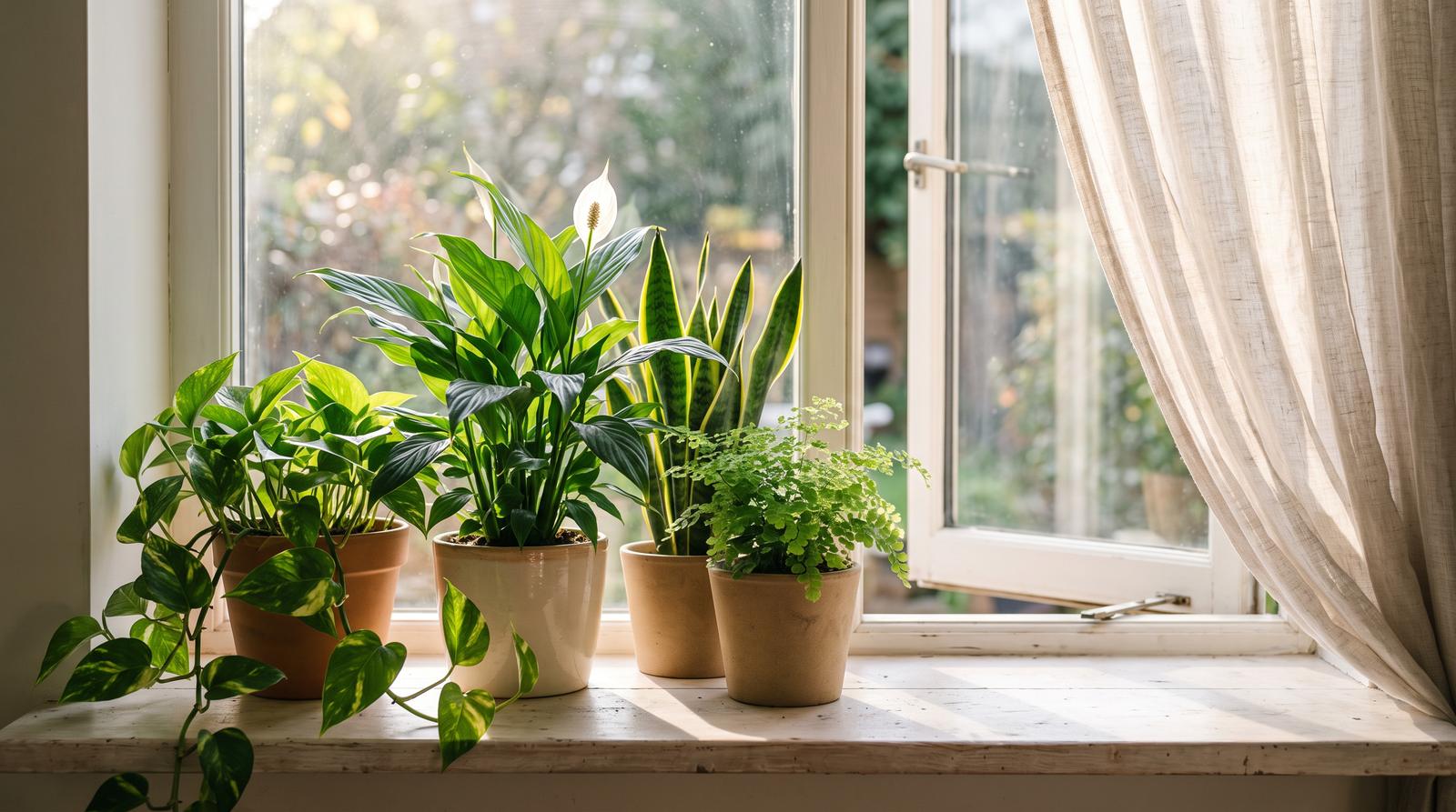 Pothos, a blooming peace lily, a snake plant, and a maidenhair fern grouped on a weathered windowsill in warm daylight, an open casement window and lifting linen curtain behind them