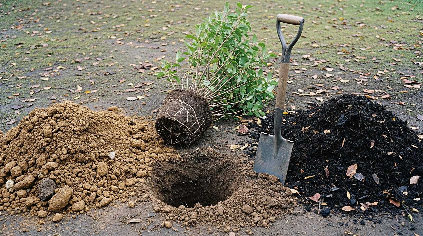 A freshly dug planting hole in brown garden soil, a nursery shrub with its exposed root ball resting on the ground beside it, a worn spade standing in the earth, and two separate mounds at the edges: plain brown native soil on one side, dark compost on the other.