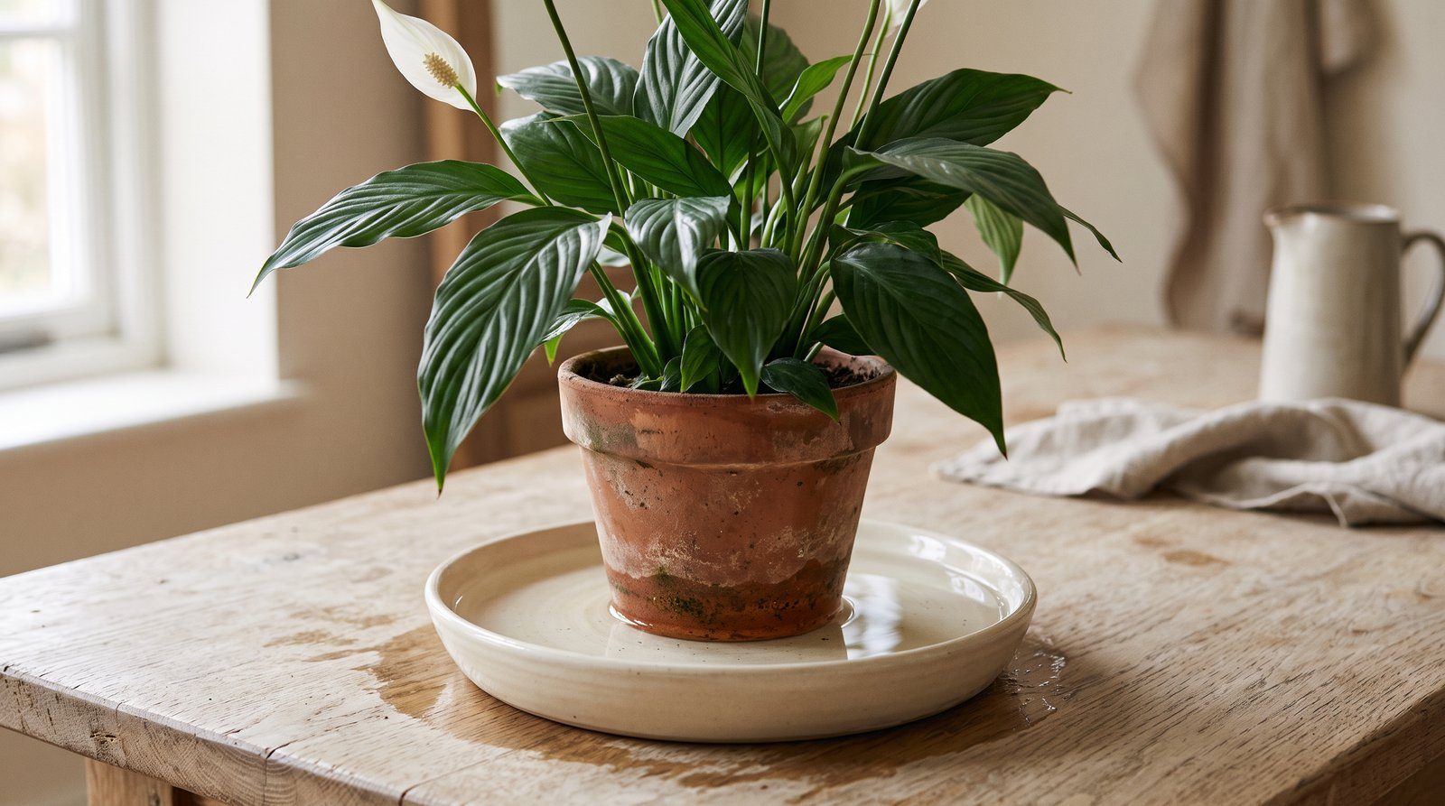 A peace lily in a weathered terracotta pot standing in a shallow cream ceramic dish of water on a pale wooden table, soft daylight from a nearby window, water pooled in the dish around the base of the pot