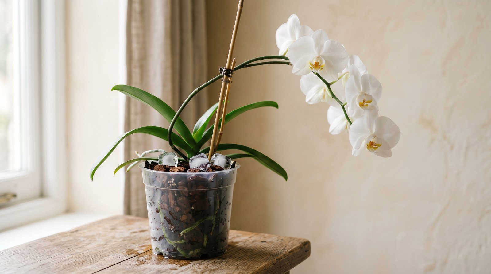 A white Phalaenopsis orchid in a clear plastic pot of bark chips in soft window light, with three ice cubes resting on the bark surface away from the leaves