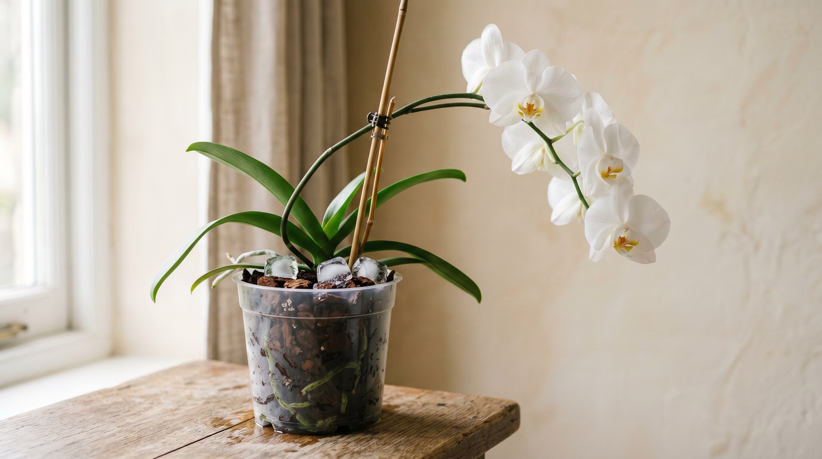 A white Phalaenopsis orchid in a clear plastic pot of bark chips in soft window light, with three ice cubes resting on the bark surface away from the leaves