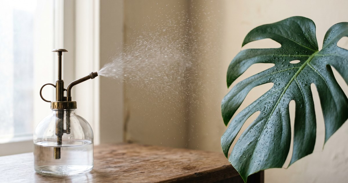 A clear glass plant mister in the middle of a single spray, droplets suspended mid-air over a Monstera deliciosa leaf in soft window light