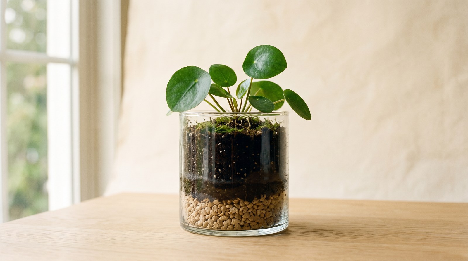 A clear glass pot photographed in soft window light, showing a one-inch layer of gravel at the base, dark potting substrate above it, and a small houseplant on top — with a faint dark band of saturated substrate visible just above the gravel layer