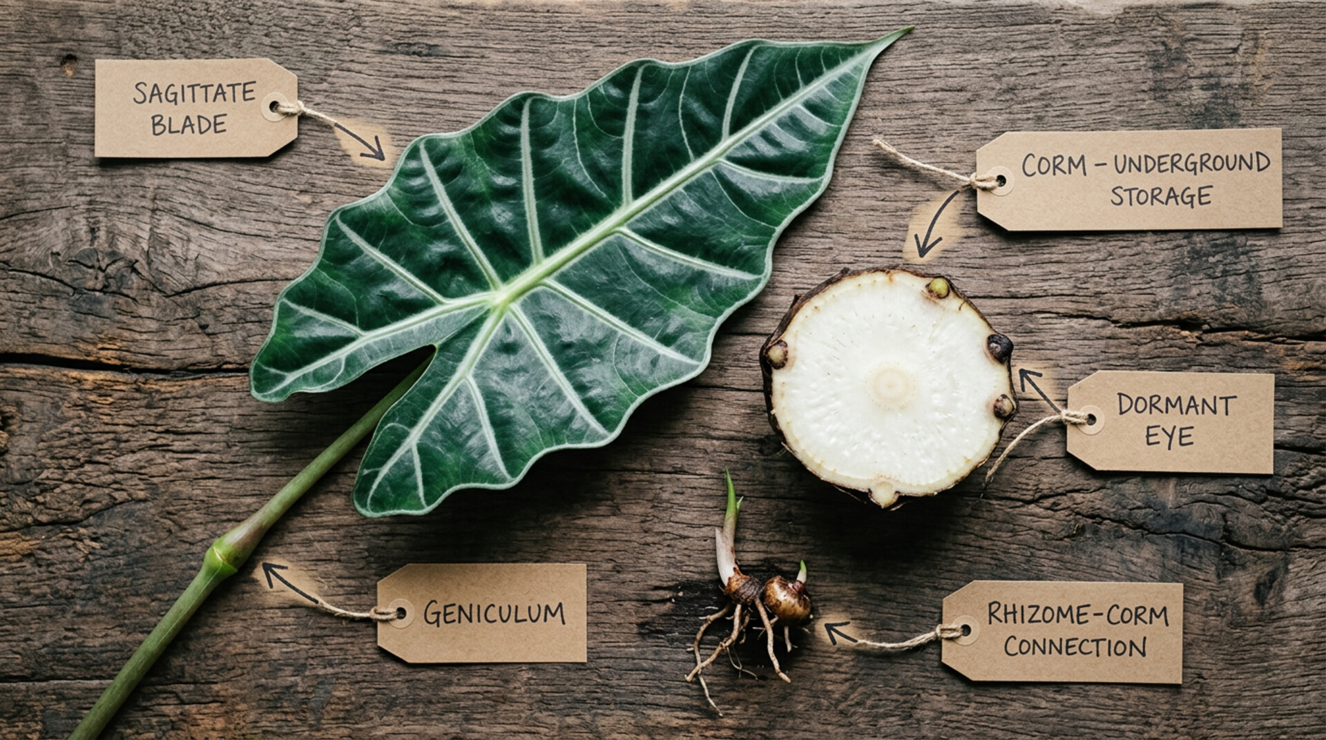 Alocasia anatomy specimen with corm cross-section and labeled features on weathered walnut